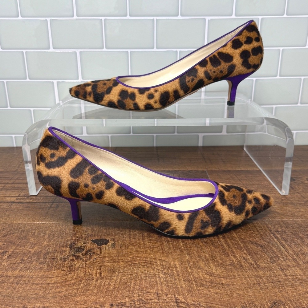 Brian Atwood Italian Leopard Calf Hair Kitten Heels Purple Suede Trim EU37 / US7